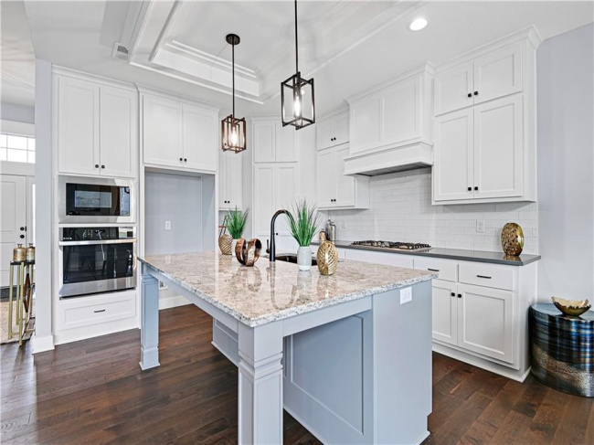 Kitchen featuring pendant lighting, stainless steel appliances, white cabinetry, and a raised ceiling