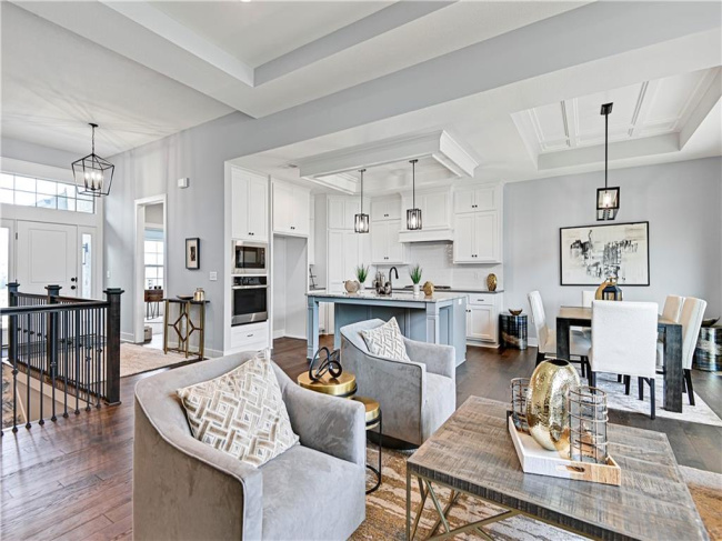 Living room with dark hardwood / wood-style floors, a raised ceiling, and sink